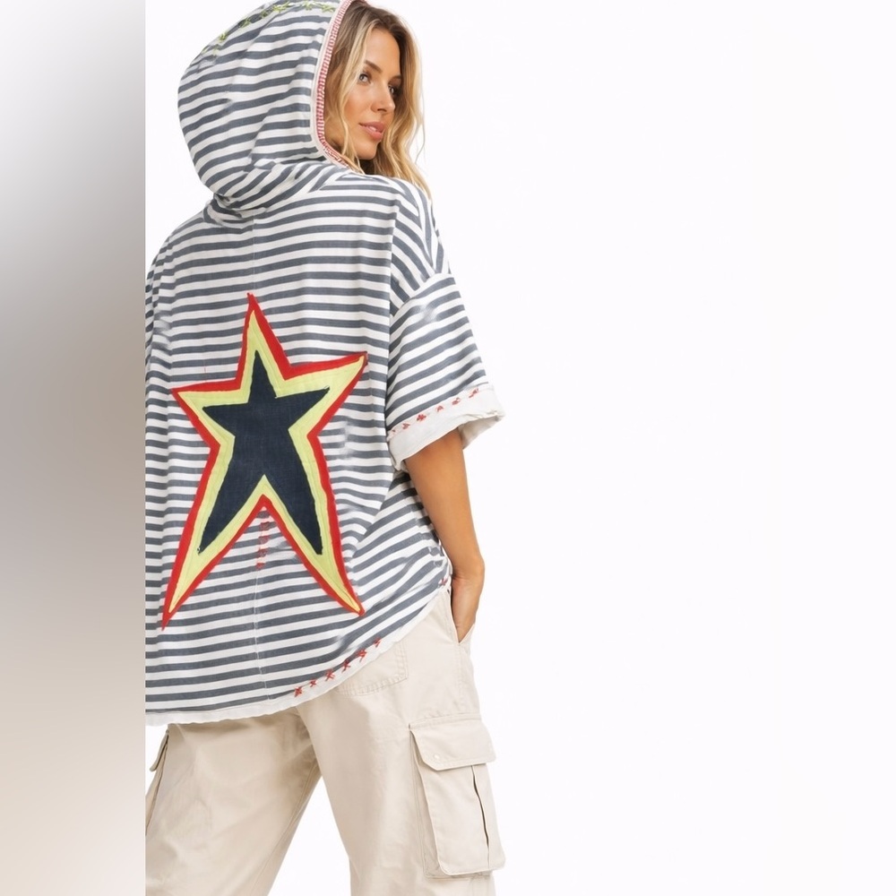 Oversized Organic Cotton Hooded Top, Star Appliqué Striped Boho Unisex Hoodie - Picture 12 of 14